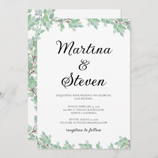 Rustic Modern Eucalyptus Greenery Wedding Einladung (Vorne/Hinten)