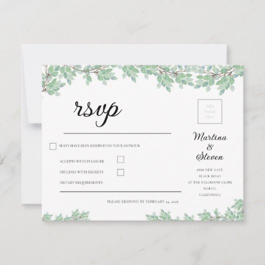 Rustic Modern Eucalyptus Greenery Wedding RSVP Karte (Vorderseite)