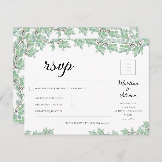 Rustic Modern Eucalyptus Greenery Wedding RSVP Karte (Vorne/Hinten)