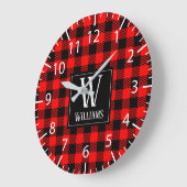 Rustic Modern Red Buffalo Plaid Checkered Monogram Große Wanduhr (Winkel)