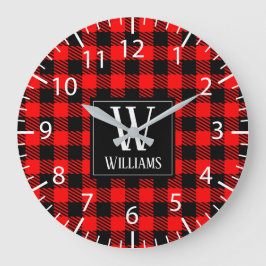Rustic Modern Red Buffalo Plaid Checkered Monogram Große Wanduhr