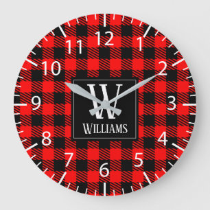 Rustic Modern Red Buffalo Plaid Checkered Monogram Große Wanduhr
