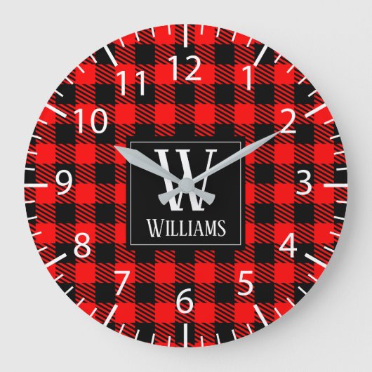Rustic Modern Red Buffalo Plaid Checkered Monogram Große Wanduhr (Vorderseite)