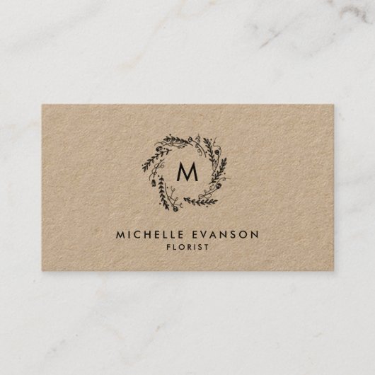 Rustic Monogram Black Floral Wreath Kraft Florist Visitenkarte (Vorderseite)