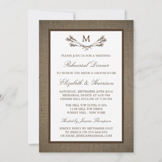 Rustic Monogram Branch Burlap Probe Dinner Einladung (Vorderseite)