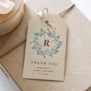 Rustic Monogram Greenery Wreath Baby Shower Geschenkanhänger