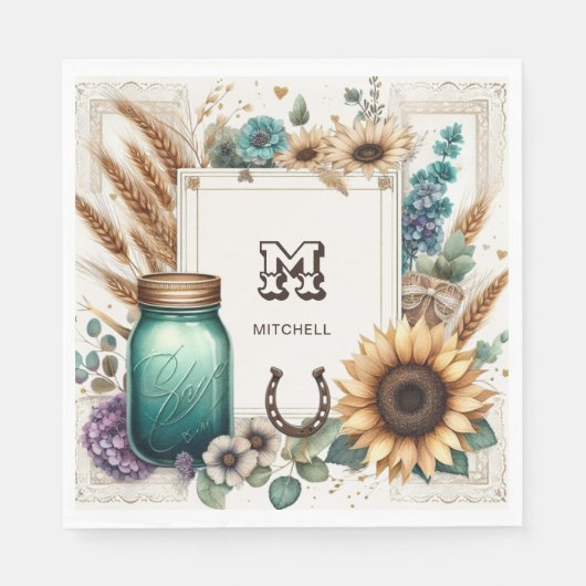 Rustic Monogram Mason Jar Sunblumen Serviette (Vorderseite)