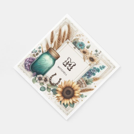 Rustic Monogram Mason Jar Sunblumen Serviette (Ecke)