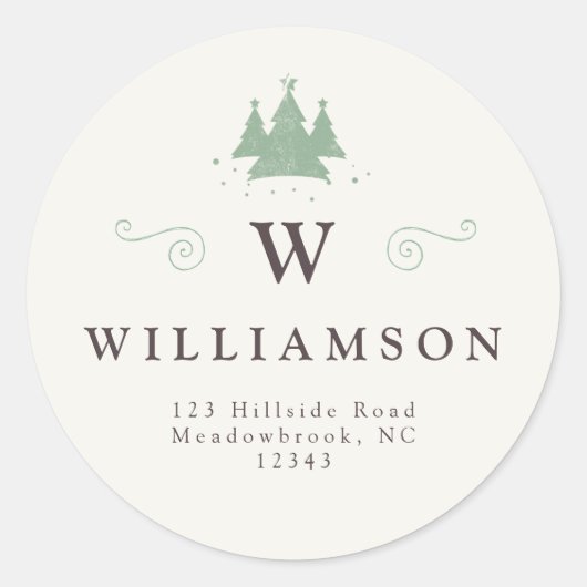 Rustic Monogram Name Christmas Tree Rücksendeadres Runder Aufkleber (Vorderseite)