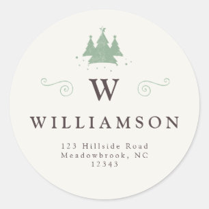 Rustic Monogram Name Christmas Tree Rücksendeadres Runder Aufkleber