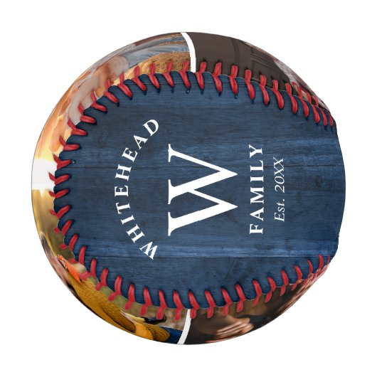 Rustic Monogram Navy Blue Wood Foto Collage Baseball (Vorderseite Links)
