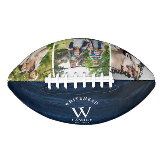 Rustic Monogram Navy Blue Wood Foto Collage Football (Vorderseite)