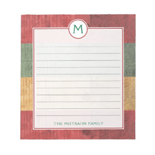 Rustic Monogram Red Green Gold Name Weihnachten Notizblock
