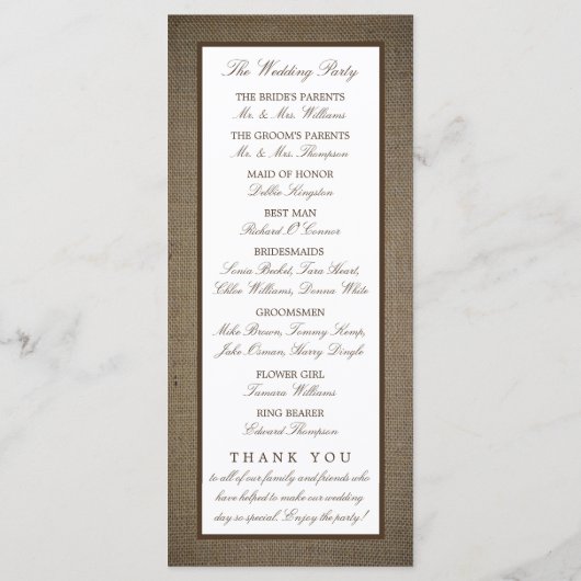 Rustic Monogram Tree & Burlap Wedding Program Programm (Rückseite)