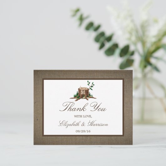 Rustic Monogram Tree & Burlap Wedding Vielen Dank Postkarte (Stehend Vorderseite)