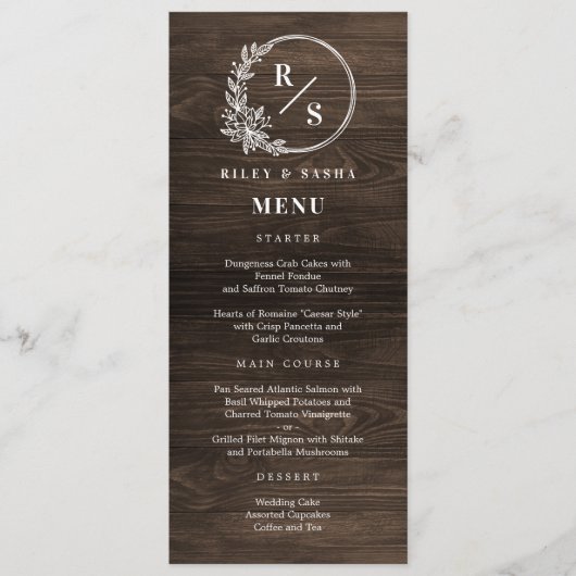 Rustic Monogram Wedding Menu Card Programm (Vorderseite)