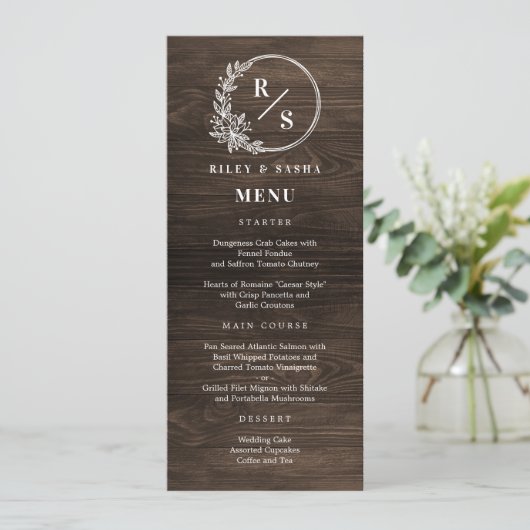 Rustic Monogram Wedding Menu Card Programm (Stehend Vorderseite)