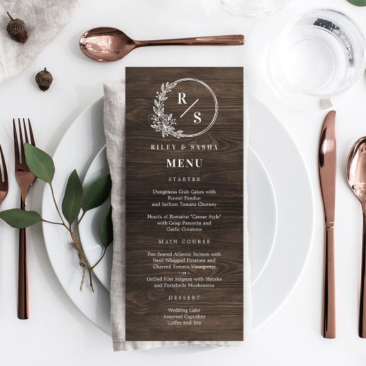 Rustic Monogram Wedding Menu Card Programm