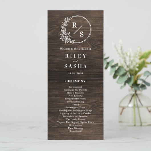Rustic Monogram Wedding Zeremony Flat Program Programm (Stehend Vorderseite)