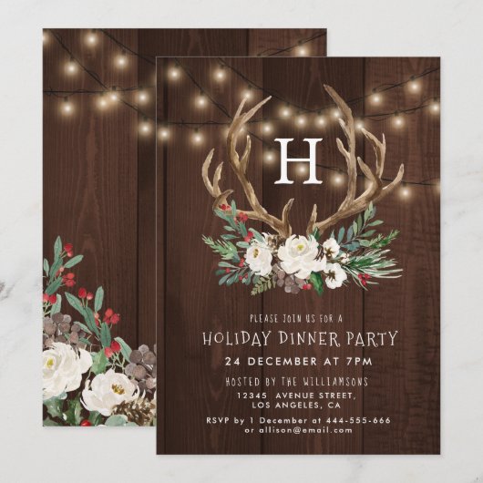 Rustic Monogram Weihnachtsfeier Einladung (Vorne/Hinten)