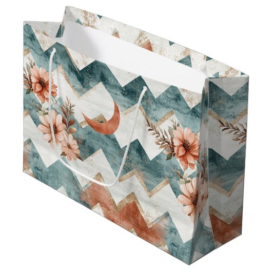 Rustic Moon Floral Chevron Erdiges Muster (1) Große Geschenktüte (Vorderseite Schrägansicht)