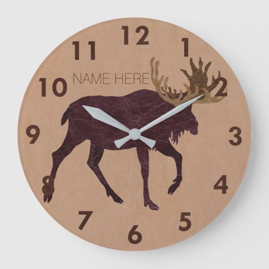 Rustic Moose Faux Leather-Look Name Große Wanduhr (Vorderseite)