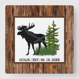 Rustic Moose with Wood Grain Trim Wall Clock Quadratische Wanduhr
