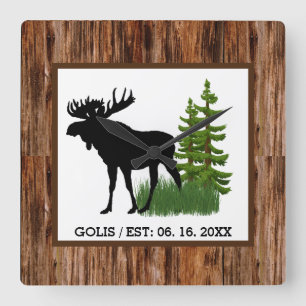 Rustic Moose with Wood Grain Trim Wall Clock Quadratische Wanduhr