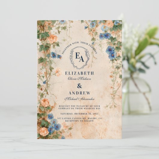 Rustic Morning Glory Garden Wedding Einladung (Stehend Vorderseite)