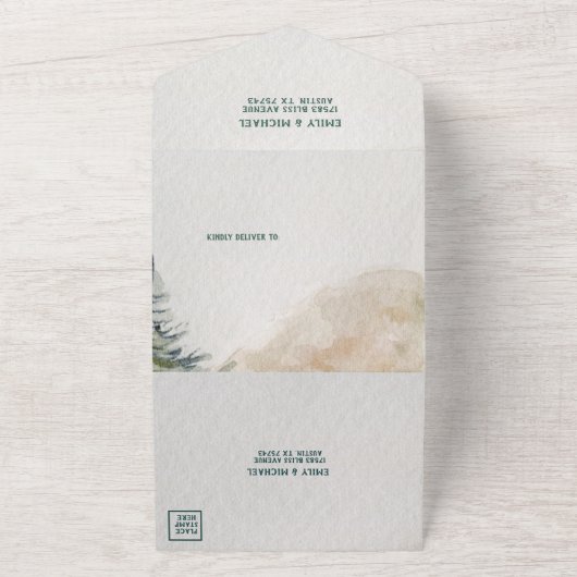 Rustic Mountain Arbor Evergreen Wedding All In One Einladung (Außenbereich)