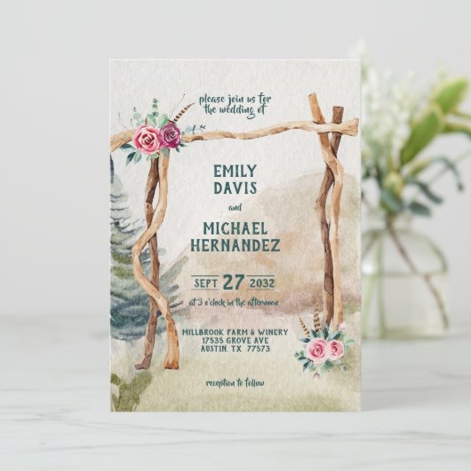 Rustic Mountain Arbor Evergreen Wedding Einladung (Stehend Vorderseite)