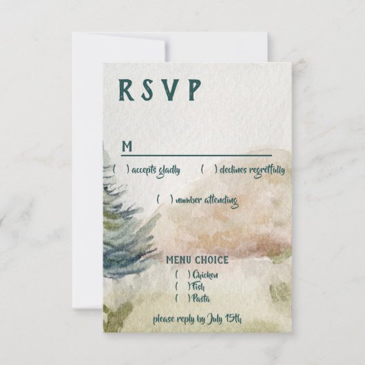Rustic Mountain Arbor Evergreen Wedding Menu UAWG RSVP Karte (Vorderseite)