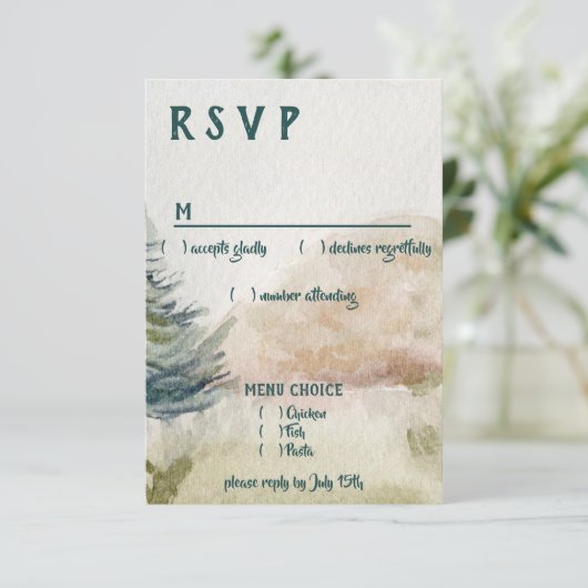 Rustic Mountain Arbor Evergreen Wedding Menu UAWG RSVP Karte (Stehend Vorderseite)