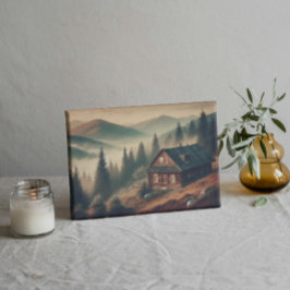 "Rustic Mountain Cabin in Fog – Vintage Forest Leinwanddruck