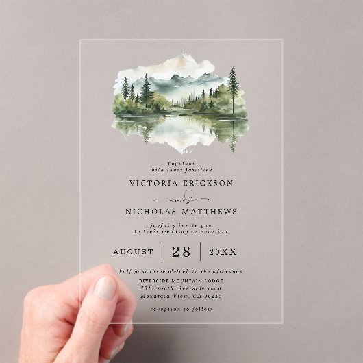 Rustic Mountain Forest Lake Budget QR Code Wedding Acryleinladungen (Insitu (Handheld))