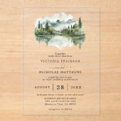 Rustic Mountain Forest Lake Budget QR Code Wedding Acryleinladungen (Vorderseite)