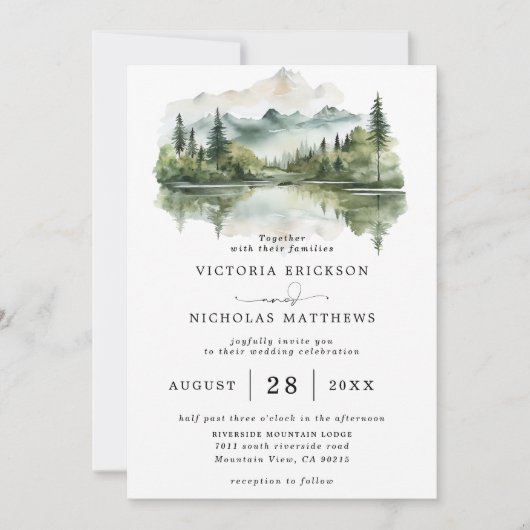 Rustic Mountain Forest Lake Budget QR Code Wedding Einladung (Vorderseite)