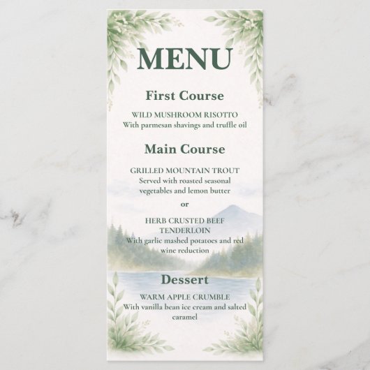 Rustic Mountain Forest Watercolor Wedding Menu Menükarte (Vorderseite)