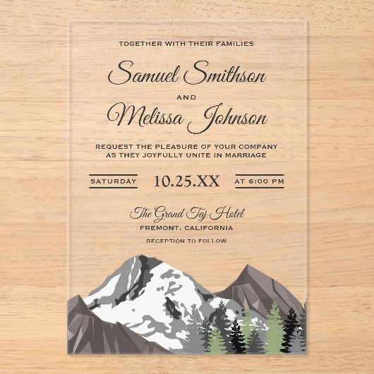 Rustic Mountain Forest Wedding Acryleinladungen (Vorderseite)
