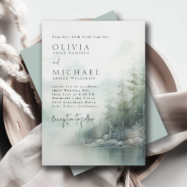 Rustic Mountain Lake Misty Pines Modern Wedding Einladung