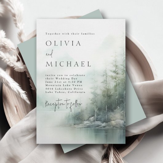 Rustic Mountain Lake Misty Pines Modern Wedding Einladung