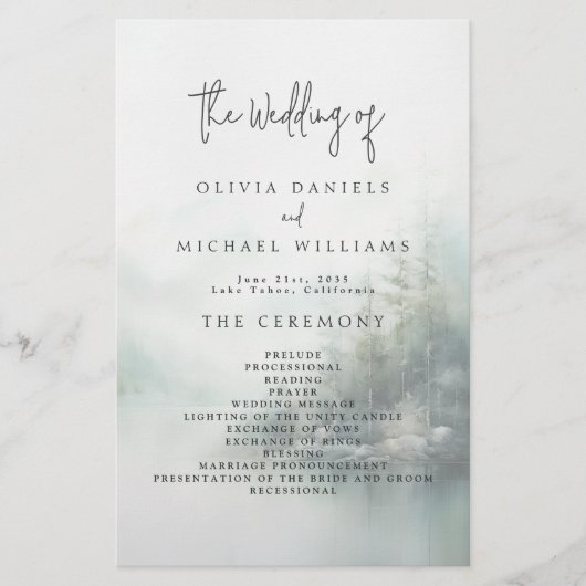 Rustic Mountain Lake Misty Pines Wedding Program Flyer (Vorne)