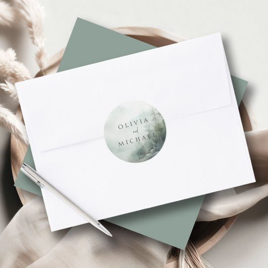 Rustic Mountain Lake Misty Pines Wedding Runder Aufkleber