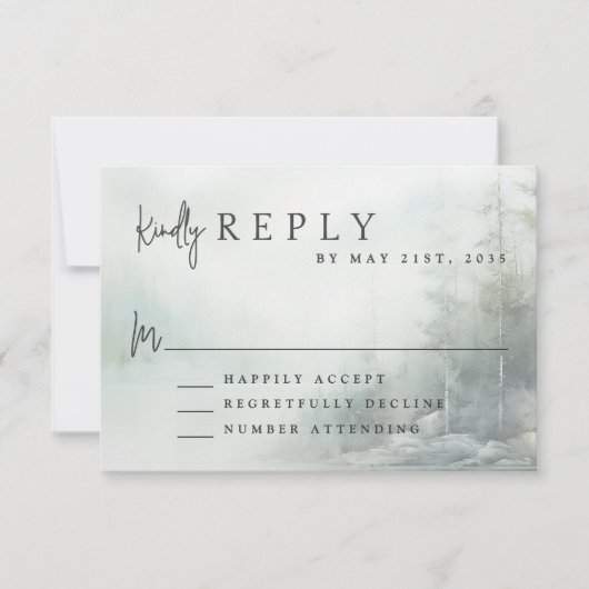 Rustic Mountain Lake Modern Wedding RSVP Karte (Vorderseite)