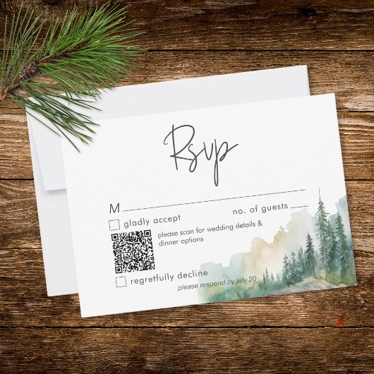 Rustic Mountain Lake Scene Watercolor QR Code RSVP Karte