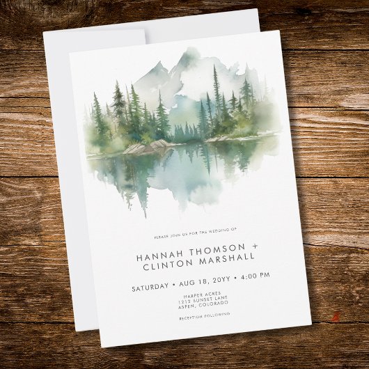 Rustic Mountain Lake Scene Watercolor Wedding Einladung