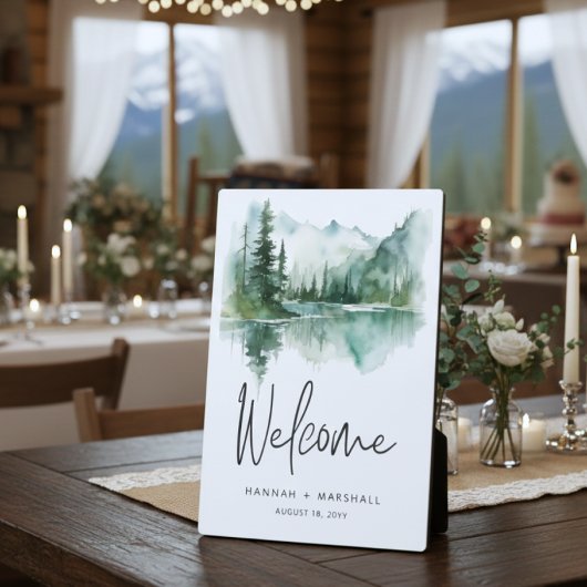 Rustic Mountain Lake Scene Watercolor Wedding Fotoplatte