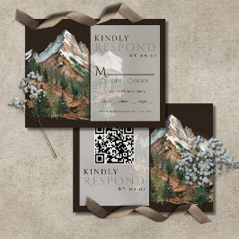 Rustic Mountain Landscape Watercolor Wedding QR  RSVP Karte