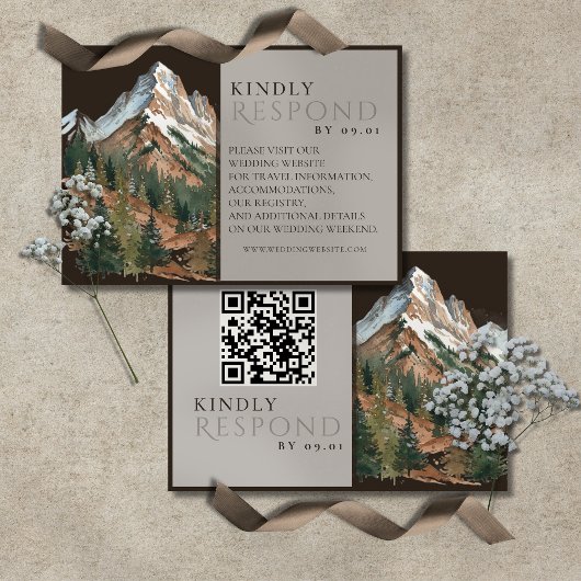 Rustic Mountain Landscape Watercolor Wedding QR RSVP Karte