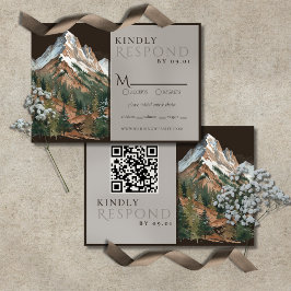 Rustic Mountain Landscape Watercolor Wedding QR  RSVP Karte